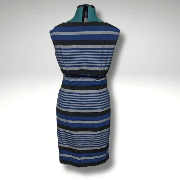 Calvin Klein Cap Sleeve Striped Belted Sheath Dress sz 12 - Picture 2 of 7